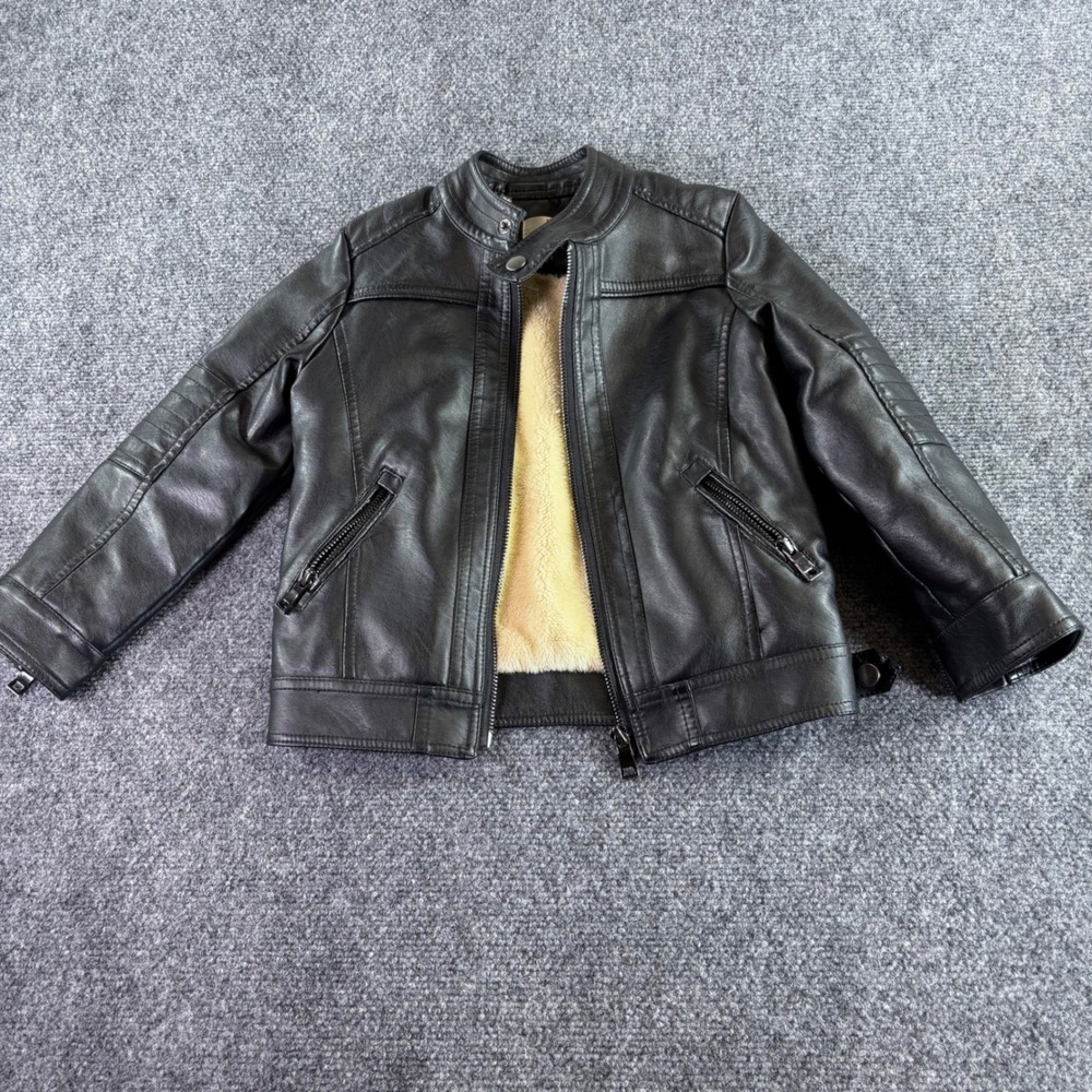 LJYH Moto Jacket Kids 3-4Y Black Faux Leather Fur Lined Biker Zip Quilted Sleeve